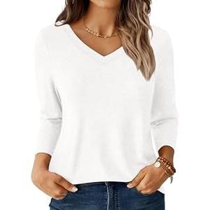 GKBK Womens Tops 3/4 Sleeve Shirts V Neck Casual Blouses Basic Loose Fit Pullover Tshirts White XL