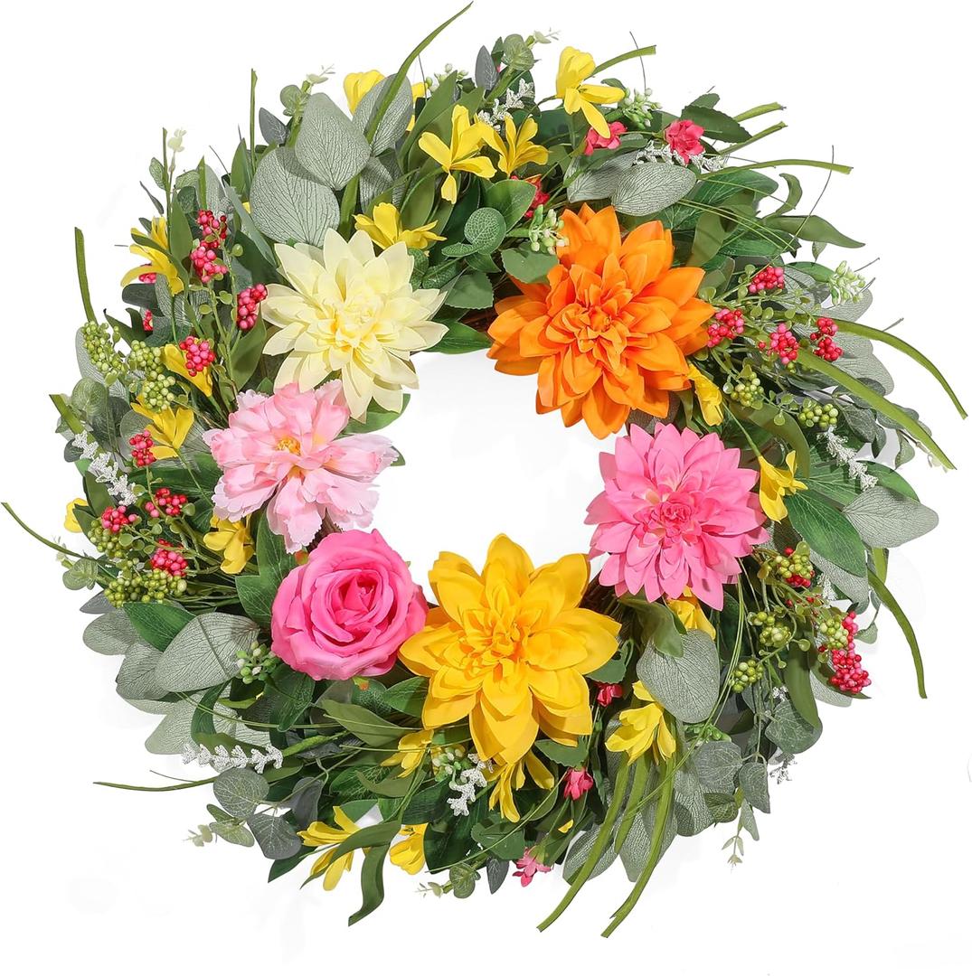 Spring Wreaths for Front Door 24 Inch, Artificial Summer Wreath with Dahlia and Peony for All Season Home Decor Easter Indoor Outdoor Wall Home Festival Celebrations