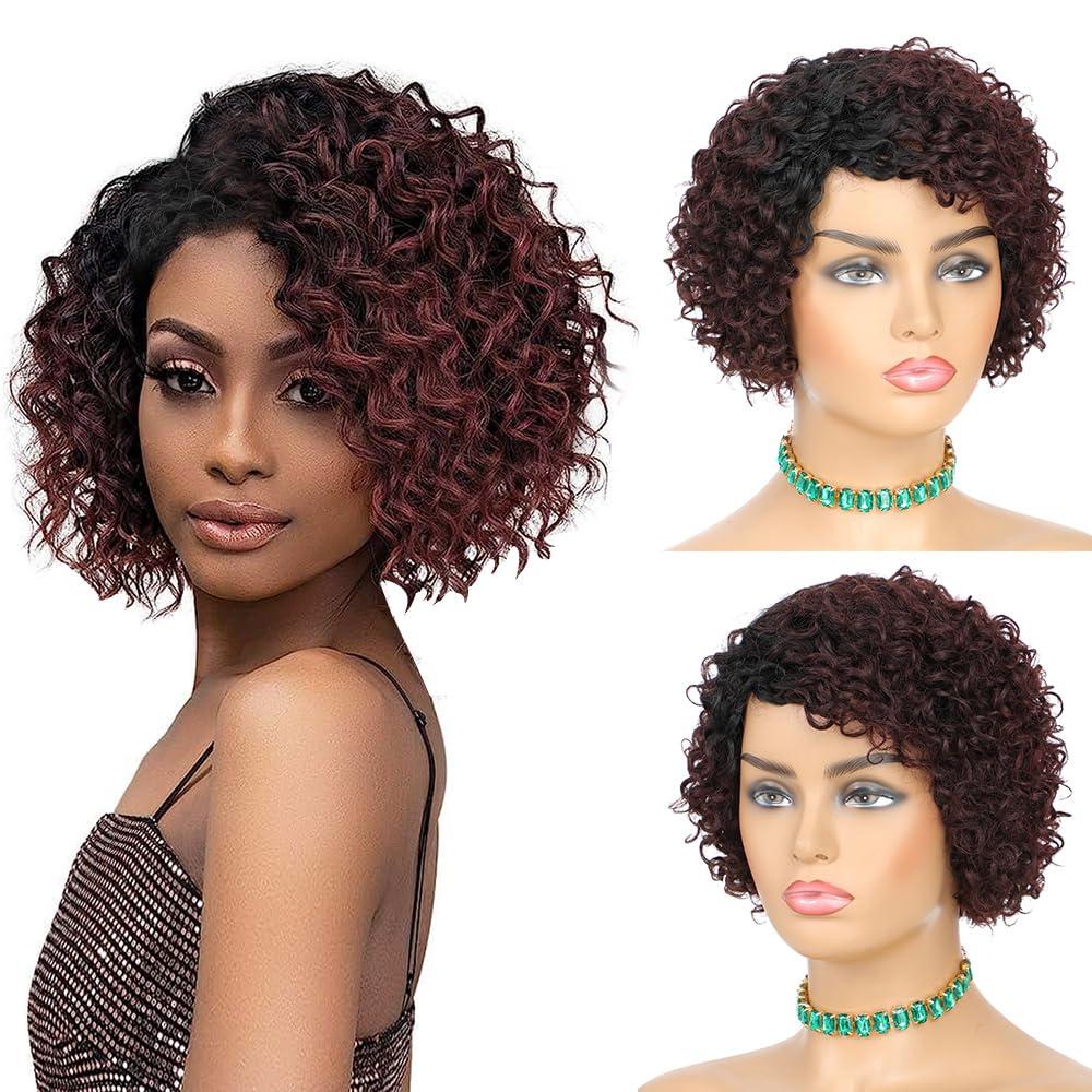 Short Curly Human Hair Wigs for Black Women, 8 Inch Burgundy Red Short Curly Wig Brazilian Human Hair Wig, Deep Wave Side Part Pixie Cut Glueless Wigs, Afro Kinky Bob Wig for WomenOT530
