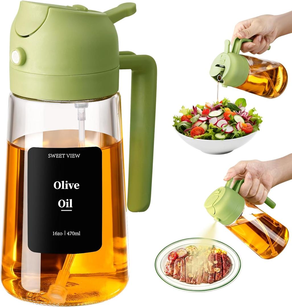 SWEET VIEW 1PCS Olive Oil Dispenser– 16oz/470ml Glass Light-Proof Oil Pourer for Kitchen, Air Fryer, Cooking, Salad, and BBQ