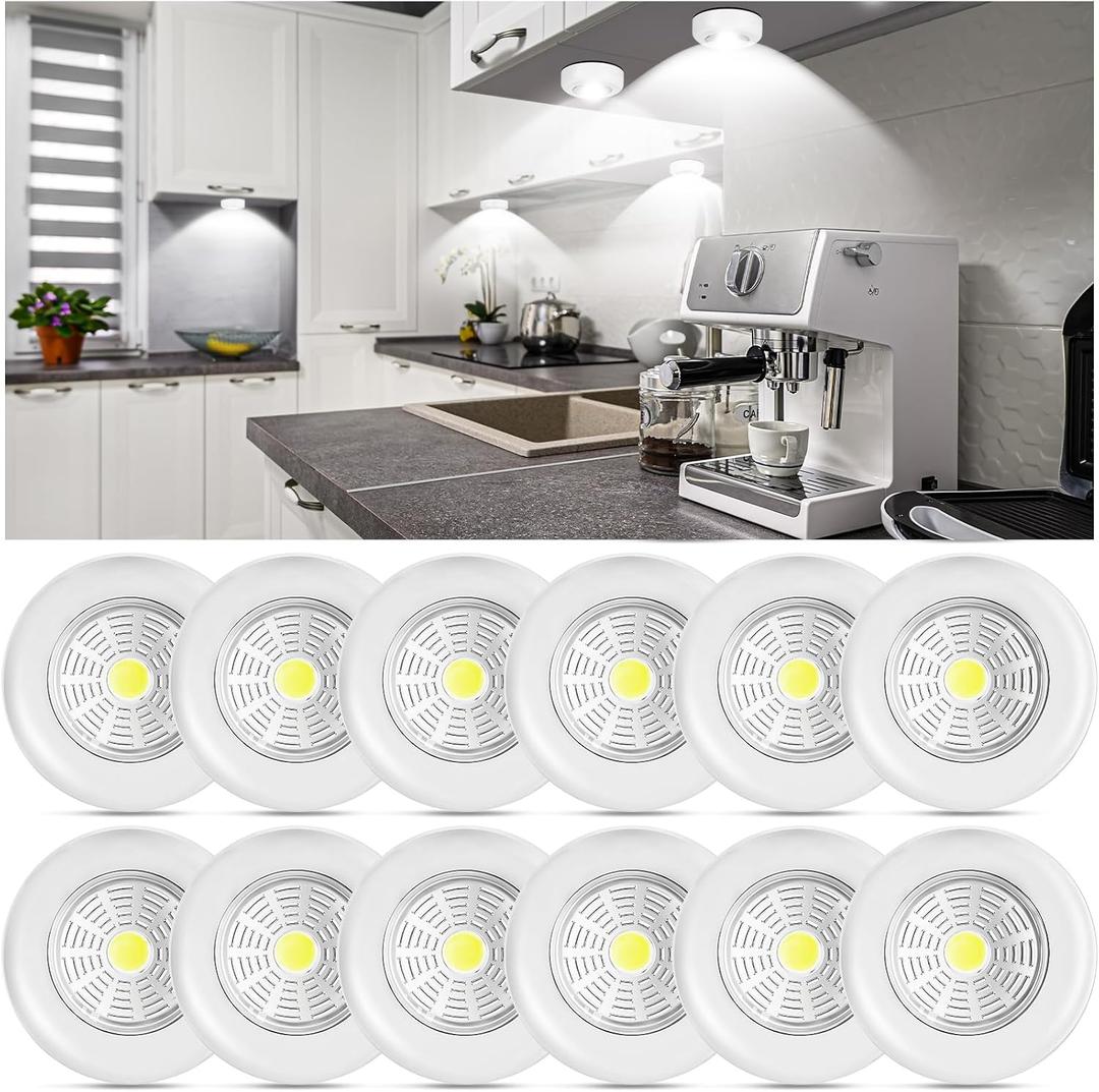 Macarrie 12 Pack Wireless LED Puck Lights, Under Cabinet Lighting, 70 Lumens Portable Touch Light, Stick on Battery Powered, for Kitchen Closets Cabinets Garage Bedroom Shelf(Classic Style)
