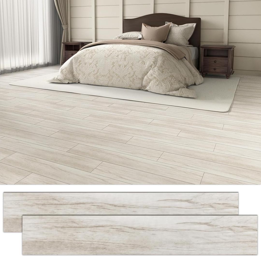 54 Sq.Ft. Peel and Stick Vinyl Floor Tiles 36" x 6" Wood Look Planks, 36 Pack Waterproof Self-Adhesive Flooring Tiles, DIY for Renter, Kitchen, Living Room, RV, Washed White