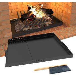GCGOODS Fireplace Tray with Handles, Expandable Ash Pan for Ash Collection, Adjustable Ember Holder Fireplace Pan with Powder Coating, Brush Included for Easy Cleaning, Black, Trapezoidal