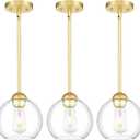 Emak 3 Pack Pendant Lights Kitchen Island, Gold Pendant Light Fixtures with Clear Glass Shade, Modern 8 Inch Globe Hanging Lights for Kitchen, Bedroom, Bar, PL121-GD-3PK