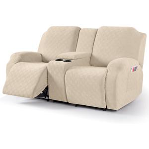 VANSOFY Recliner Loveseat Cover with Middle Console Stretch Reclining Sofa Slipcover for 2 Seat Jacquard Reclining Couch Sofa Covers Furniture Protector with Elastic Straps Bottom (Cream)