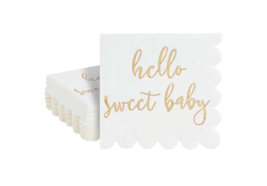 50 Pack 5x5 Inch White Scalloped Napkins with Gold Foil Hello Sweet Baby - Gender Neutral Baby Shower Napkins & Table Decor for Boy Girl Sprinkle Decorations