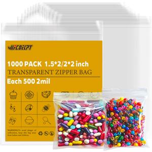 Clear Small Zip Bags 1000 Count (1.5" x 2" & 2" x 2" Each of 500), 2 Mil Thick Reclosable Lock Plastic Bags for Jewelry, Coins, Beads, and More
