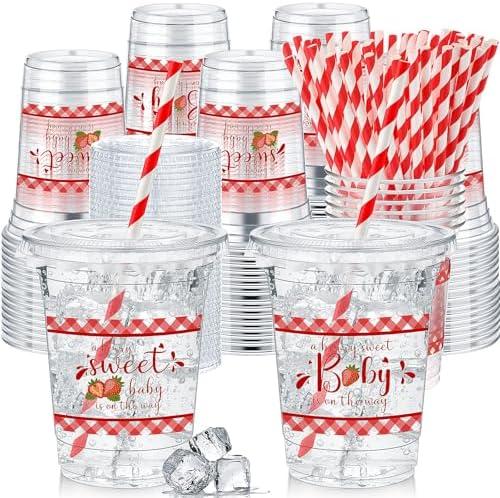 Pickmesh 29 Pcs Red Baby Shower Party Plastic Cup 12 oz a Little Strawberry Is on the Way Thick Clear Cup Lids Straws Autumn Gender Reveal Thanksgiving Party Supplies Decorations