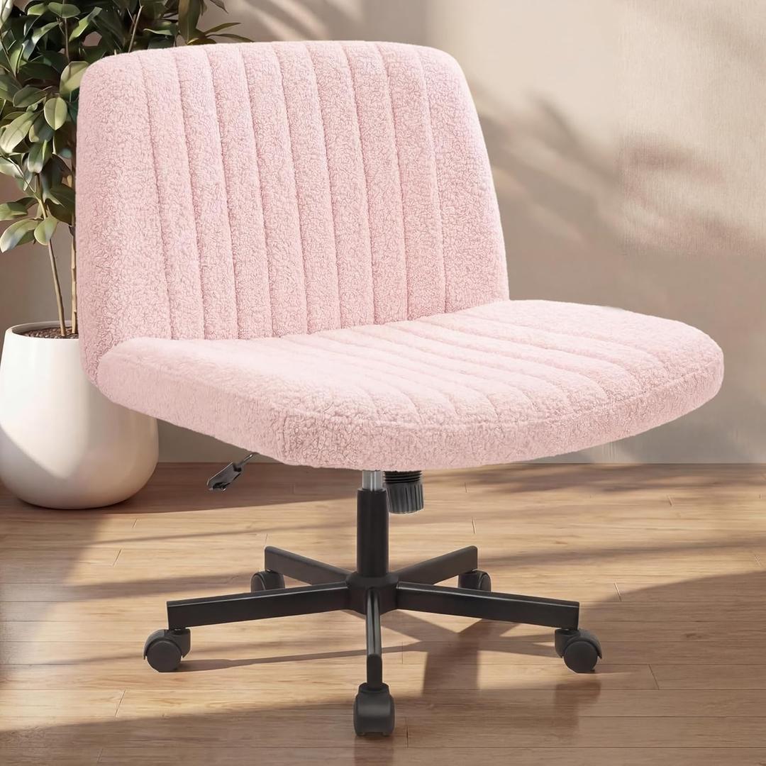 NEO CHAIR Criss Cross Chair with Wheels Home Office Cross Legged Armless Chairs Adjustable Computer Desk Wide Seat for Bedroom Vanity Comfy Swivel (Teddy Pink)