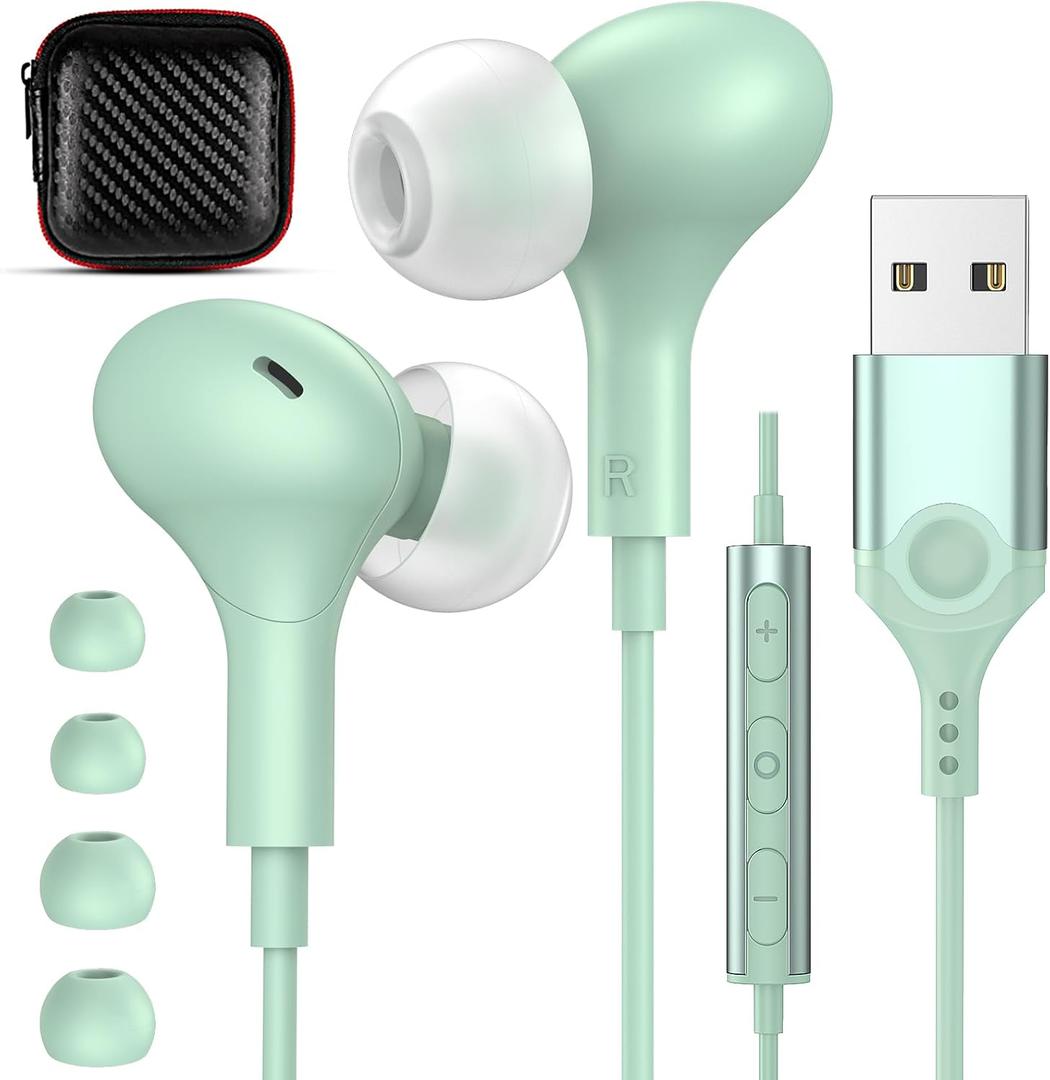 USB Headphones with Microphone for Laptop, 7.5ft Magnetic Wired Earbuds Noise Canceling in-Ear Earphones with Mute Volume Control Stereo Bass for PC Desktop Dell HP Acer Laptop Meetings,Teens,Green (Mint)