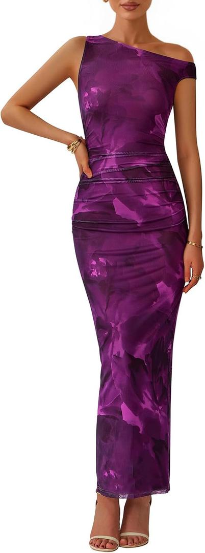 PRETTYGARDEN Women's 2026 Summer Floral One Shoulder Maxi Dress Wedding Guest Ruched Mesh Bodycon Long Cocktail Dresses XXL