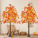 2 Pack 5FT Artificial Lighted Maple Tree, Halloween Decor Artificial Tree with Timer, 200 LED Warm White Light up Fall Maple Tree for Indoor Outdoor Thanksgiving Autumn Home Party Decoration, Orange