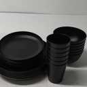 LIYH 24Pcs Wheat Straw Dinnerware Sets Unbreakable Dinner Plates and Bowls Set Black Plastic Dinnerware Set Include 12Pcs Wheat Straw Plates 6Pcs Bowls 6Pcs Cups Dish Set for Kitchen&Camping