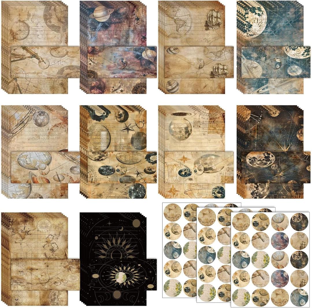 TaoBary 160 Pcs Stationery Paper Set 50 Double Sided Stationery Papers with 50 Matching Envelopes and 60 Round Dot Sticker, 10 Design(Space Moon Celestial,8.5 x 11 Inch)