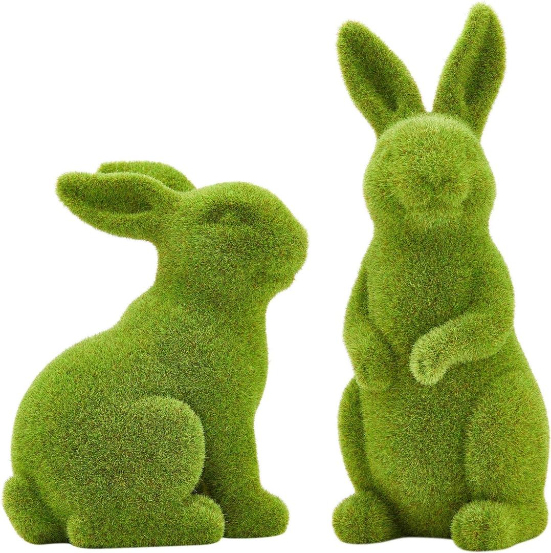 2 x Easter Rabbit Decoration Horticulture Green Flocking Moss Sculpture Decoration Desktop Living Room Garden Easter Gift (Small 2PCS Standing+Sitting)