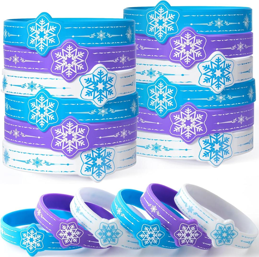 24 Pcs Snowflake Party Favors Birthday Supplies Silicone Wristbands Bulk Toy Christmas Gift Prize Filler Goodie Bag Stuffer Kids Boys Girls Winter Party Favors