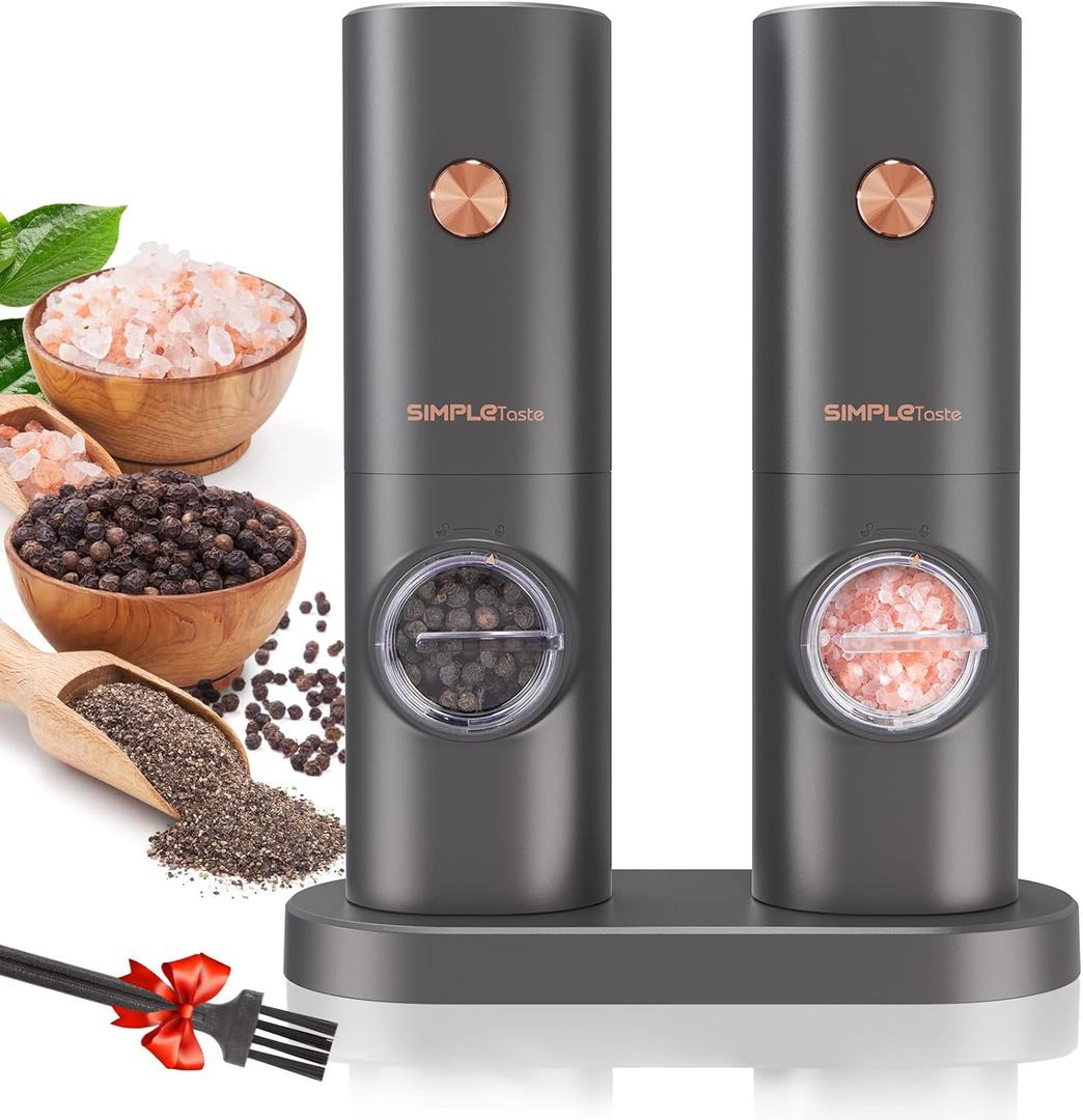 SIMPLETASTE Electric Salt and Pepper Grinder Set, One-Handed, Battery Powered, Adjustable Coarseness, LED Light, Pepper mills with stand, Seasoning Tools for Kitchen, Dining or Gifting (Space Gray)