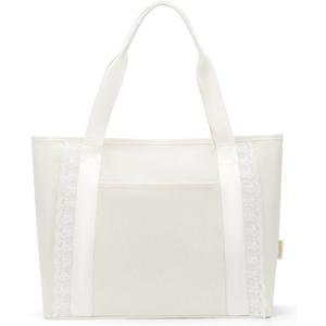 ECOHUB Lace Bows Canvas Tote Bag for Women, Suitable for Birthday, Beach, Wedding, Honeymoon (24L, Beige & Canvas & 24l)