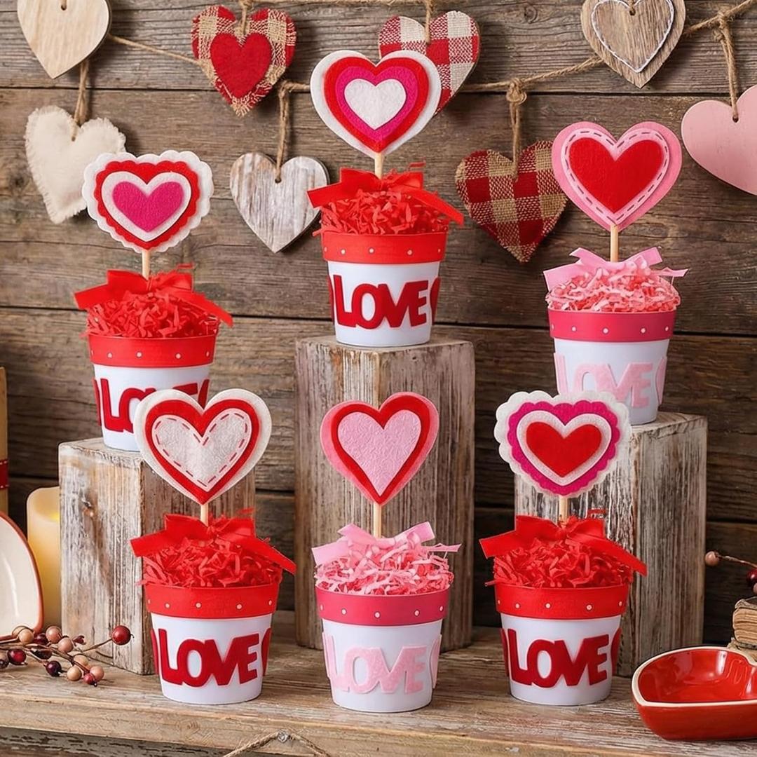 6 Pcs Valentines Day Decorations for Home Artificial Heart Topiary Plant with Pot with Bow and Raffia Valentines Table Centerpiece Felt Heart Decor for Galentines Day Tiered Tray Decor Gift