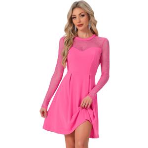 Allegra K Women's Heart Mesh Sheer Long Sleeve Gothic Cocktail Wedding Guest Skater Party Short Dress, Medium 
