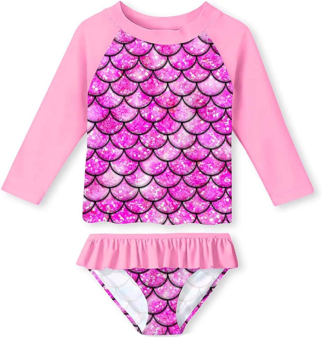 Lovekider Little Girls Swimsuits Two Pieces Swimwears Rash Guard Set Long Sleeve UPF50+ Bathing Suit for Beach 2-8T (3-4T, Mermaid Scales Purple)