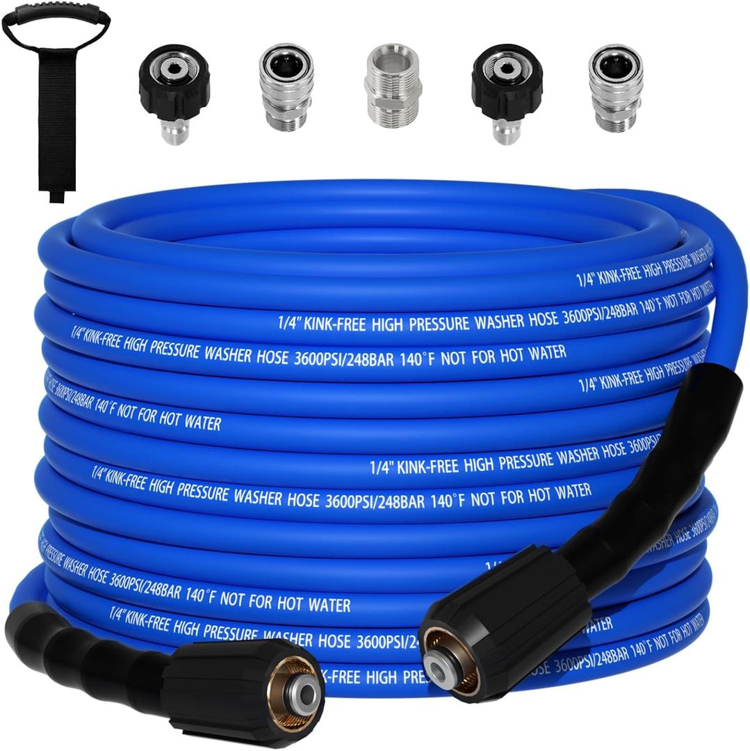 Kink Resistant 1/4" Pressure Washer Hose 50FT3600PSI Power Washer Hose ReplacementM22-14mmwith 3/8" Quick Connect Adaptor for GreenWorksRyobi etc Household High-Pressure Washers