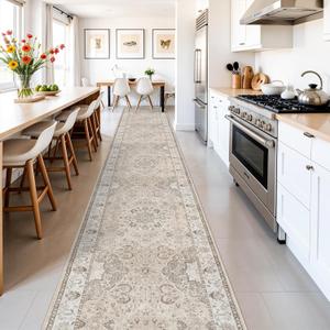 Washable Hallway 3x18 Runner Rug: Vintage Ultra Soft Non Slip Runner for Kitchen Entrance Indoor Farmhouse Long Carpet for Living Room Bathroom Low Pile Floor Mat for Bedroom Dining Room (3X18, Beige)
