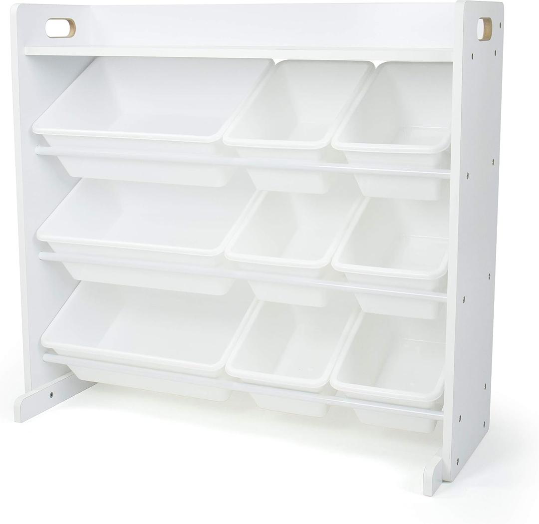 Humble Crew Toy Storage Organizer with 9 Removable Storage Bins for Kids Playroom, 3-Tier with Top Shelf Toddler Toy Organization, White/White, 34"W X 16"D X 31"H