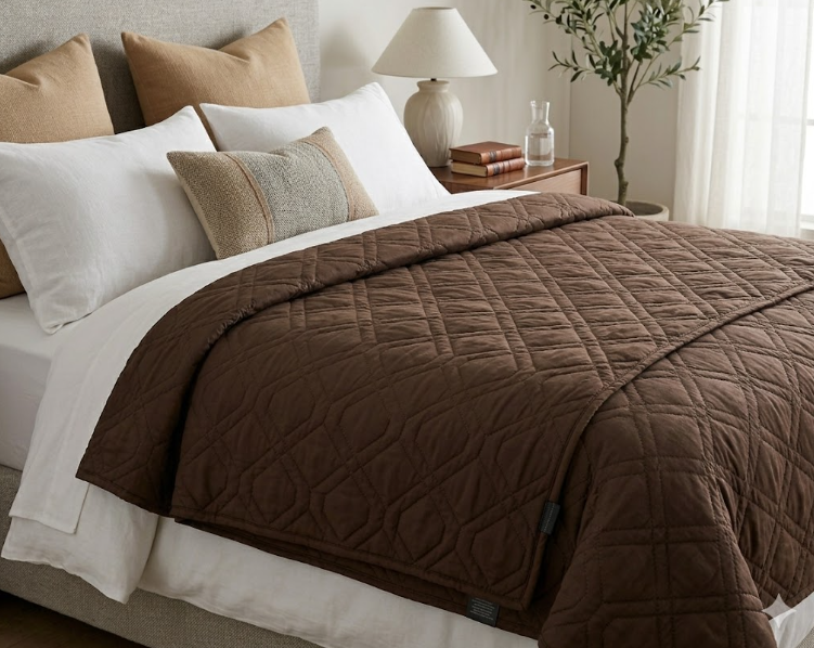 Lightweight Bedspreads with Basket Weave Pattern, Soft Quilt Bedding Set, Brown Comforter for All Seasons Brown Blanket, 11x7ft