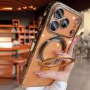 Mag-Stand Designed for iPhone 17 Pro Case Clear Supports Wireless Charging 17 Pro Case with Camera Protector Invisible Stand Ring Luxury Plating Soft TPU Shockproof Phone Cover 6.3",Gold