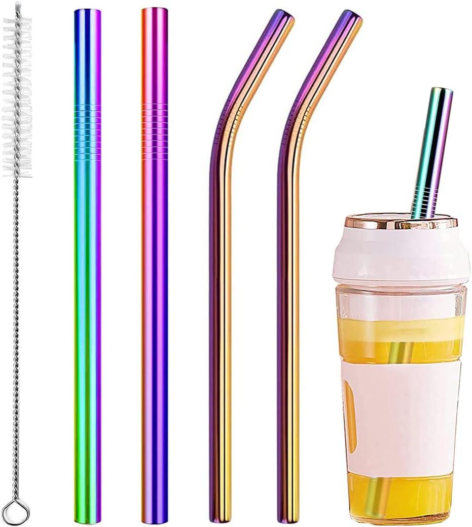 Vinaco Reusable Smoothie Straws, 0.4'' Wide Stainless Steel, 10.5'' & 8.5'' Long, 4 Pack with 1 Cleaner for Milkshake, Smoothie, Bubble Tea (Rainbow)