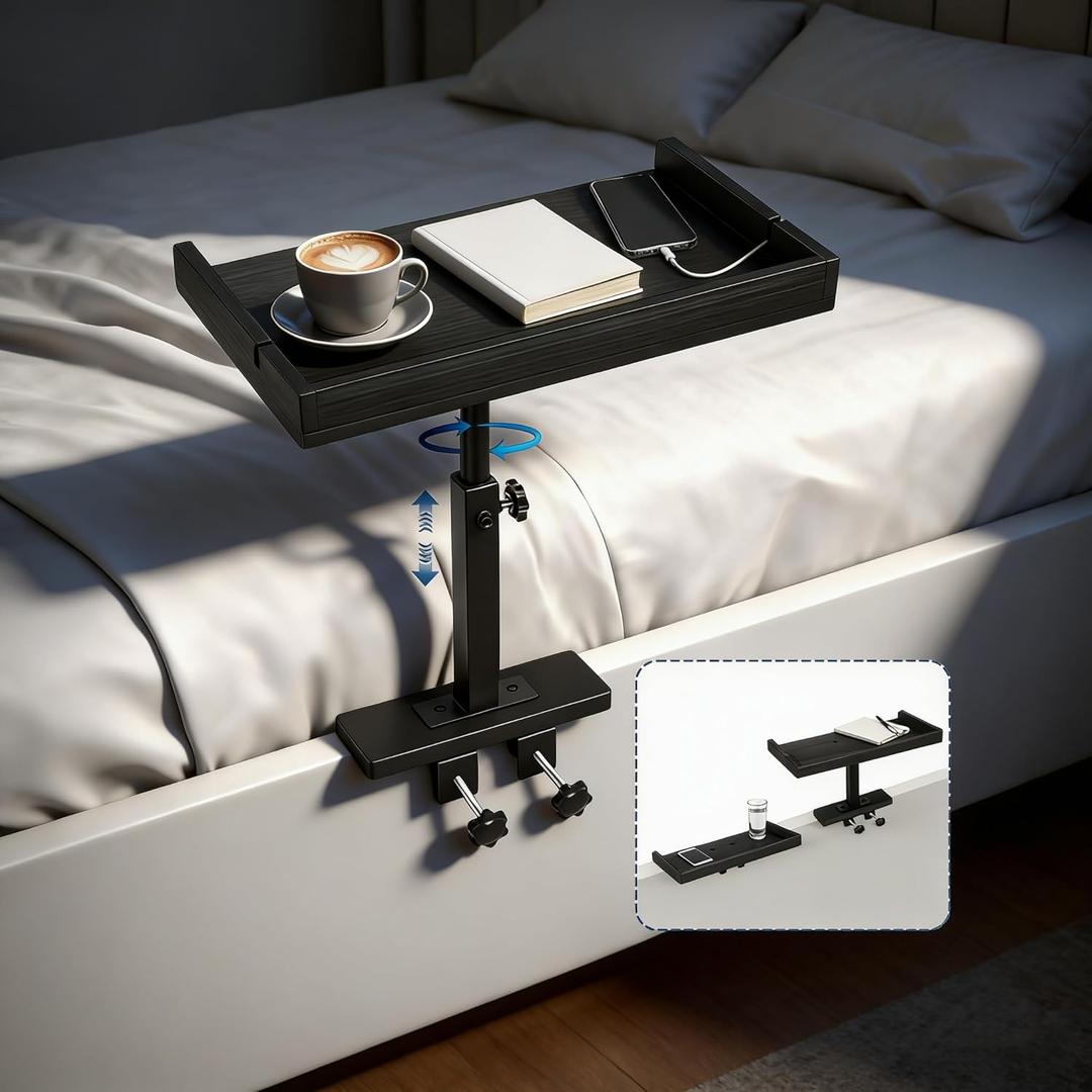 Adjustable Bedside Shelf for Dorm Room Bunk Bed & Top Bunk, Rotatable Bamboo Bedside Tray with Metal Telescopic Rod, College Dorm Room Clip-on Bedside Table, Loft Nightstand Organizer, Black (Small)