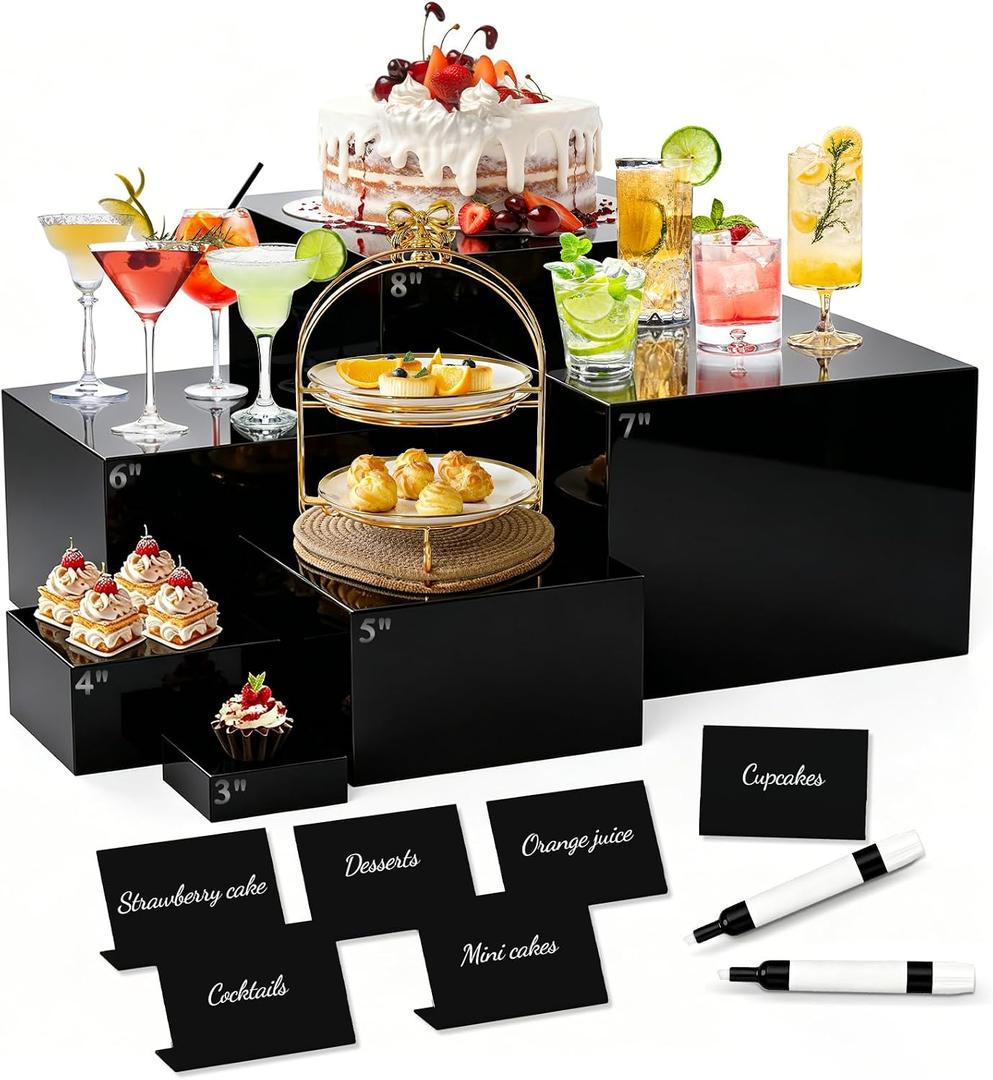 6 Pcs Buffet Risers with Mini Sign and Maker, Black Food Risers Display Stand for Buffet Table Party Catering Dessert Jewelry Collectibles, Nesting Cube Boxes with Hollow Bottoms (8",7",6",5",4",3")