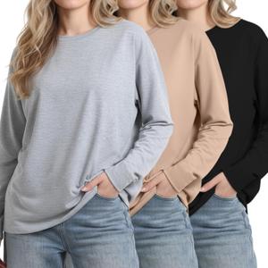Chicingyou 3 Pack Women Oversized Shirts Long Sleeve Winter Crewneck Tee Basic Loose Tops Baggy Tunic Y2k Clothes (Large)