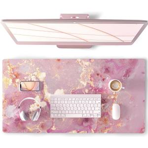 QIYI Large Mouse Pad, Cute Pink Desk Mat for Desktop, Women Girls PU Leather Desk Pad Waterproof Gaming Mousepad, Rose Gold Marble Computer Protector Writing Pad for School Office Home 31.5" x 15.7"