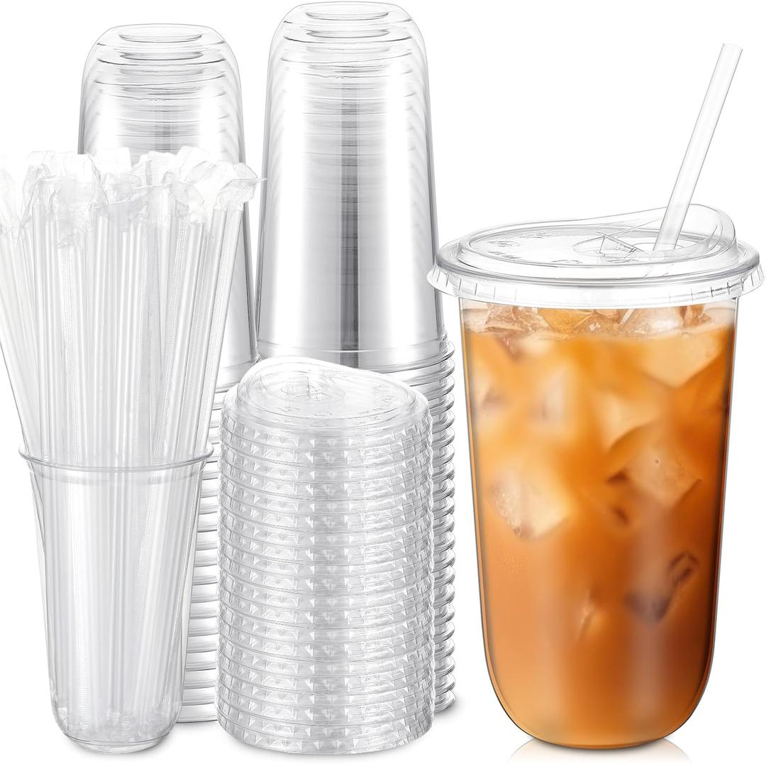 Ziliny 50 Pack 18 oz Clear Plastic Cups with Sip Lids & Straws, Disposable Pet Crystal Iced Coffee Cups with Lids for Coffee Smoothie, Milkshake, Cold Drinks