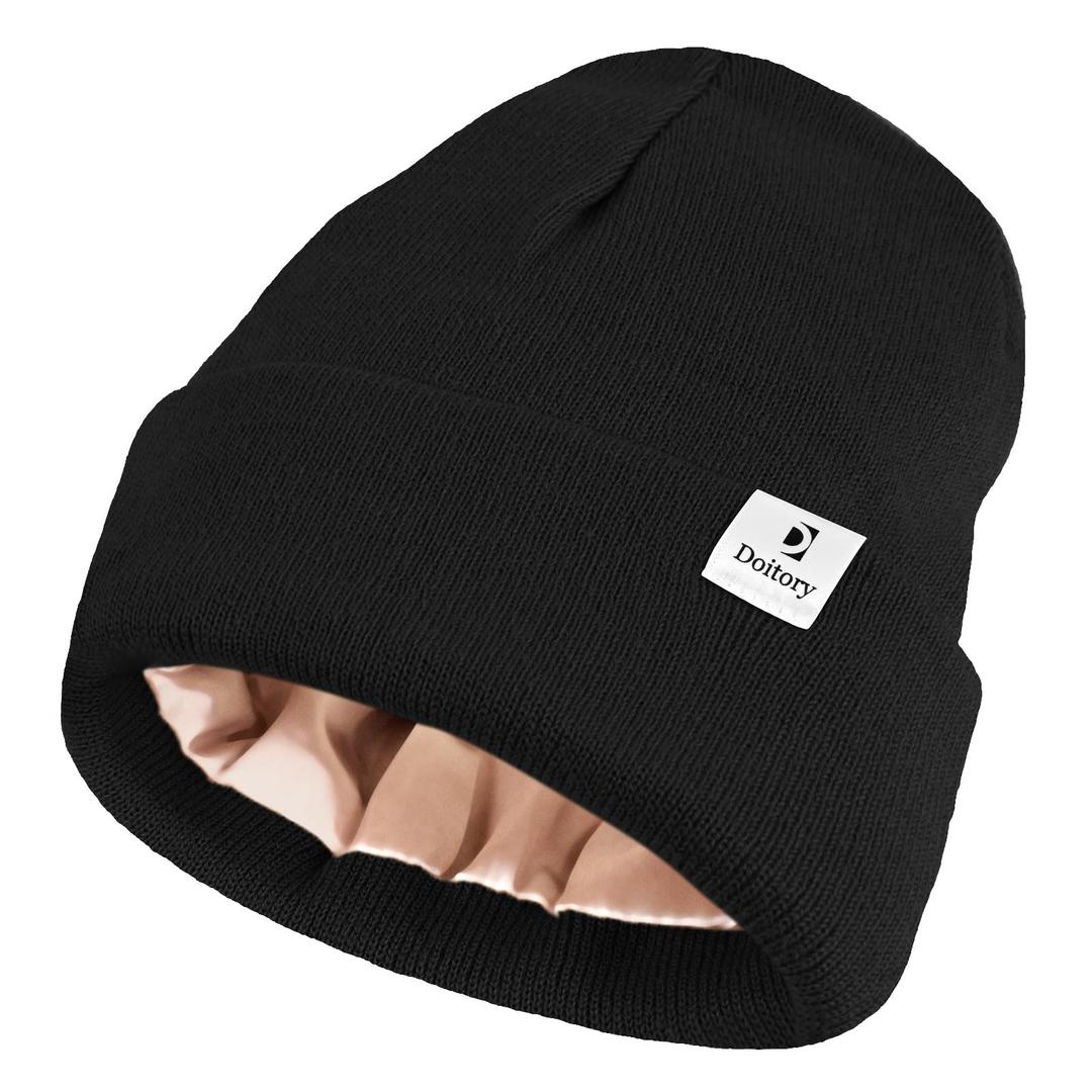 Satin Lined Beanie Hat, Winter Hats for Women & Men, Soft Silk Lining Cuffed Knit Beanie Unisex Skull Cap