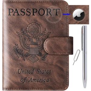 Airtag Passport Holder Cover Wallet Travel Essentials Leather Rfid Blocking Case Vacation Luggage Must Haves Travel Accessories for Men Women (117#Coffee)