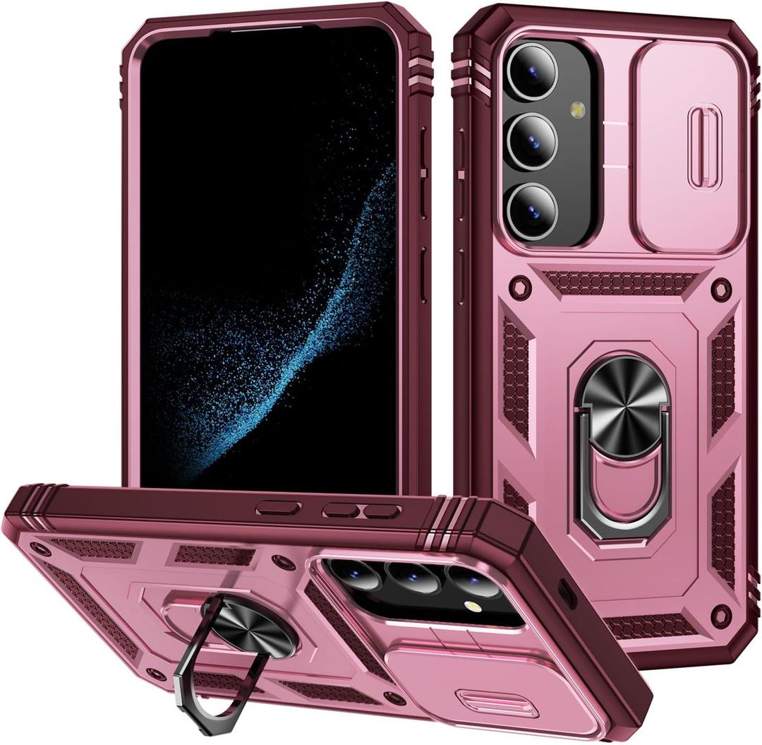 for Samsung Galaxy S24 Case Military Grade Drop Shock Protection Cell Phone Cover with Slide Camera Cover Built-in 360 Rotate Ring Stand for S24 6.2 -Pink/Red