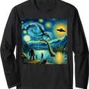 bigfoot starry night loch Ness alien UFO dragon cute lake Long Sleeve T-Shirt (Small, Black)