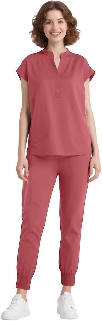 Scrubs for Women Set, Sleeveless Stand-Up Collar Medical Nurse Uniform Top and Jogger Pants, 8 Pockets, L