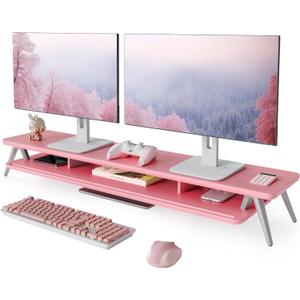 Fenge Dual Monitor Stand, Monitor Stands Riser for 2 Monitors, 42.5 Inch Wood Desk Shelf with Storage Organizer and Cable Management for Office Desk Accessories