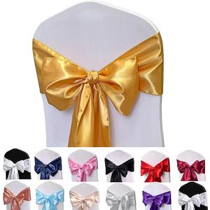 Satin Chair Sashes Bows 50PCS Chair Ribbon Ties Back Sash for Wedding Party Events Cover Decoration (Gold)