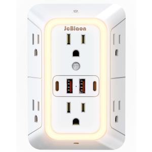 Wall Outlet Extender with Night Light, Power Plug Adapter 6 Outlet Extender with 4 USB Charging Ports 1050J Power Strip Multi Plug Adapter Spaced for Home Travel Office (2U2C)