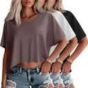 Huukeay 3 Pack Women's Oversized Cropped T Shirts Short Sleeve Baggy Crop Tops Crew Neck Flowy Loose Workout Tops (Large)