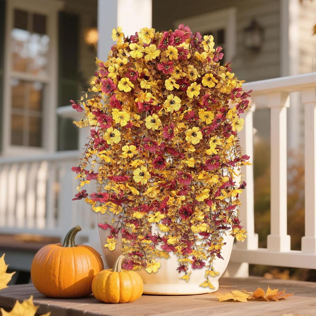 Fall Decor Artificial Flowers for Outdoor Decoration, 4Pcs Fake Hanging Flowers Mums Silk UV & Fading Resistant, Artificial Faux Plants for Home Patio Yard Garden Farmhouse Halloween