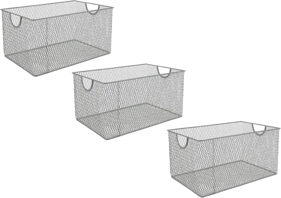 YBM Home Kitchen Pantry Organizer Wire Basket for Shelves, Cabinets, Pantry, Countertop, Mesh Open Storage Bin Metal Basket for Organizing Food Supplies 13.3x8.5x6.5, Pack of 3, Silver