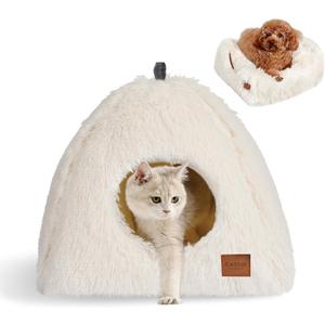 CATISM Cat Bed, Cat Cave for Indoor Cats, Soft Cat Dome, Self-Warming 2 in 1 Foldable Pet Cat House with Washable Cushioned Pillow Calming Fluffy Dog Beds for Small Dogs with Anti-Slip Bottom White