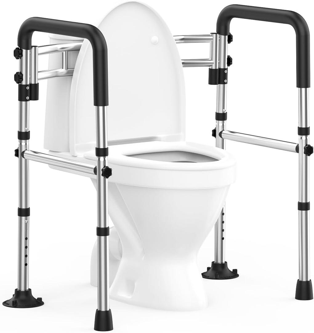 Upgraded Toilet Safety Rails 380LBS, Stainless Steel Toilet Rail Frame, Adjustable Stand Alone Toilet Support with Non-Slip Grips & Suction Cups,Tool-Free Assembly, Fits for Elderly/Disabled