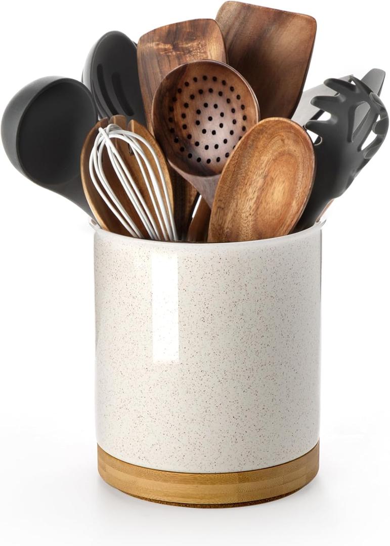 Nucookery 360Rotating Utensil Holder, 7.2" Large Utensil Crock, Ceramic Cooking Utensil Organizer with Countertop-Protection Cork Bottom for Farmhouse Kitchen Decor Christmas Thanksgiving Gift (Sand)